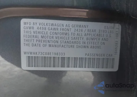 2008 Volkswagen Passat Komfort z USA, uszkodzony, nr VIN WVWAK73C08E198333